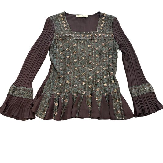 PRETTY ANGEL BROWN PLEATED EMBELLISHED BLOUSE 216 MEDIUM