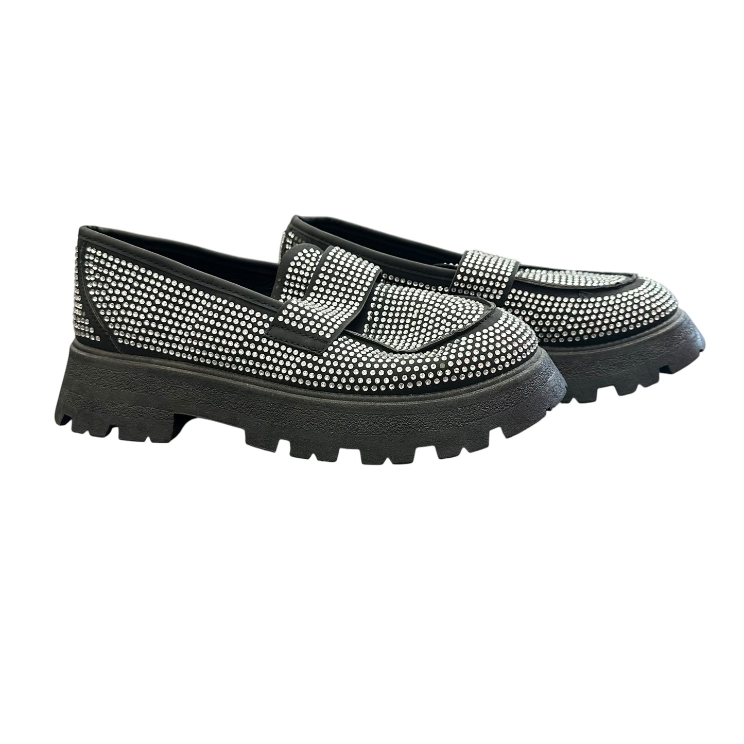 WILD DIVA BLACK PLATFORM LOAFERS RHINESTONES 100 SZ 9 **
