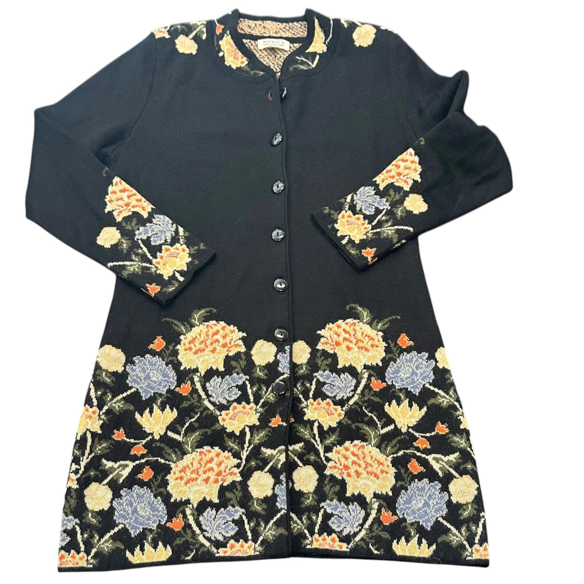 NOVICA BLACK FLORAL CARDIGAN LONG 100% ALPACA 216 MEDIUM