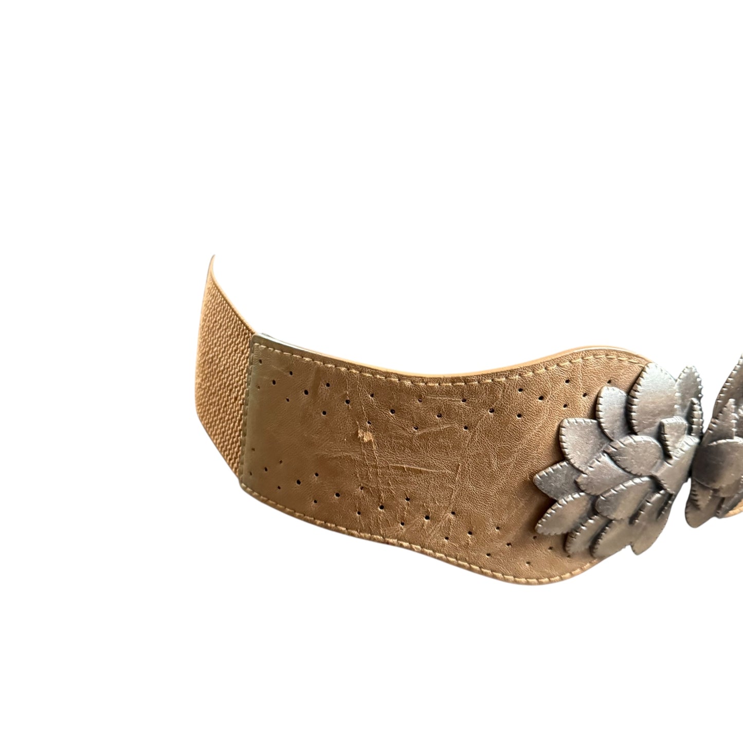 TAN WIDE FAUX LEATHER STRETCH BELT METAL FLORAL BUCKLE 100 S/M