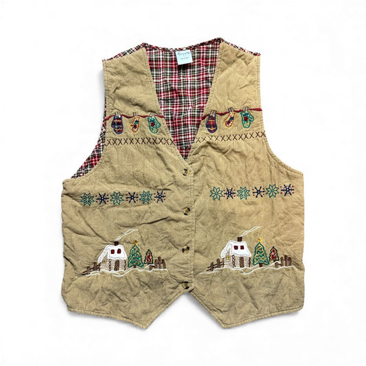 VINTAGE TAN CORDUROY EMBROIDERED CHRISTMAS VEST 100 M/L