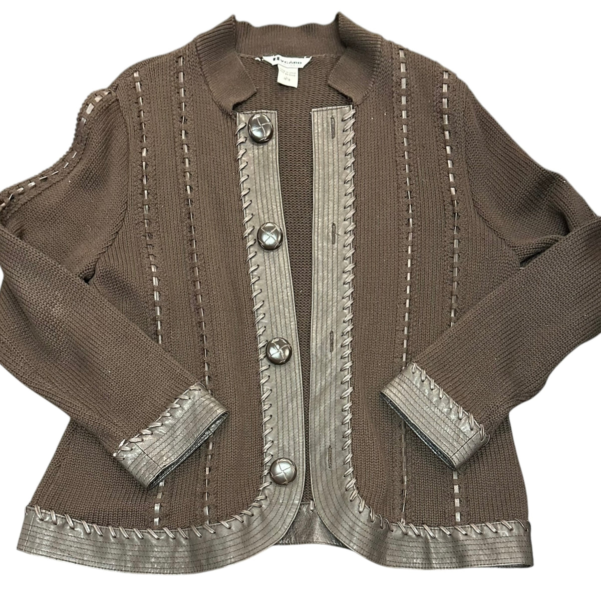 NYGARD BROWN KNIT CARDIGAN LEATHER TRIM 38 LARGE