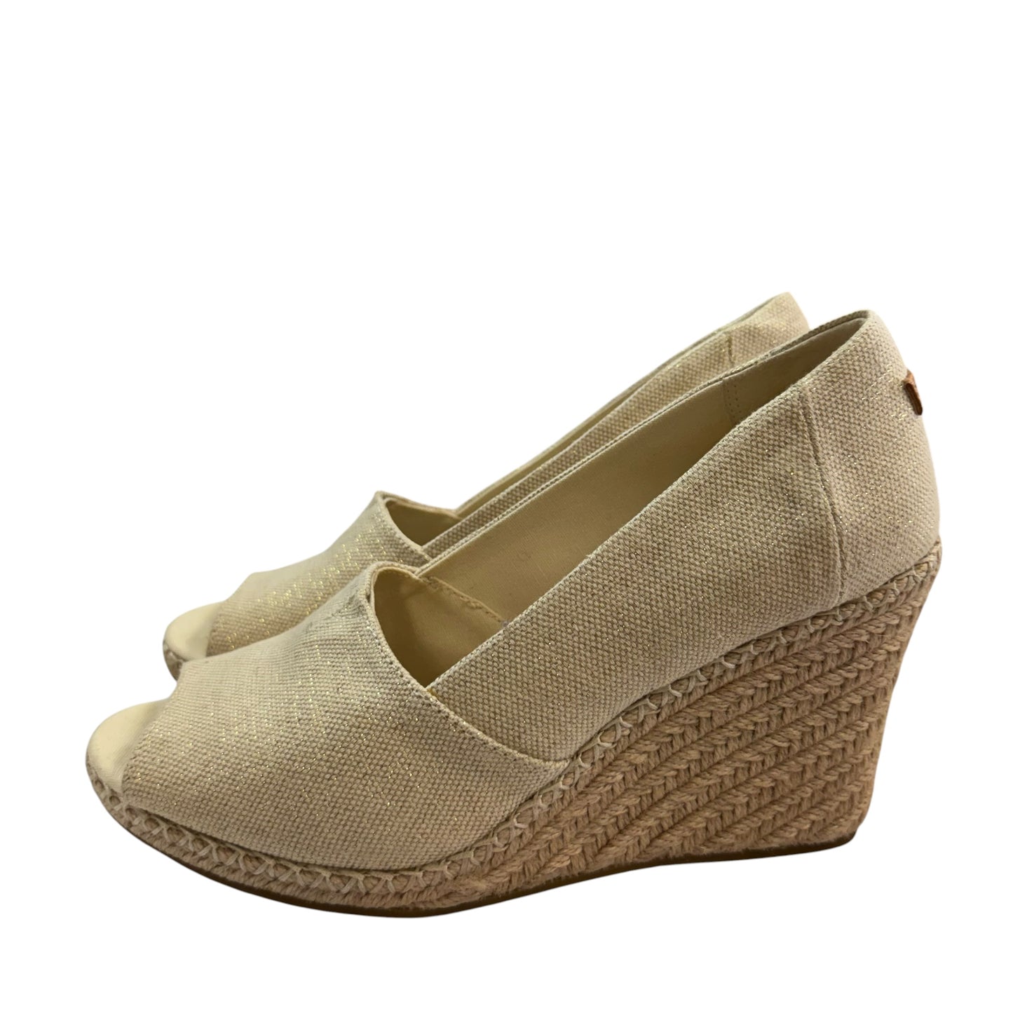TOMS WEDGES PEEP TOE BEIGE GOLD ESPADRILLES SZ 10