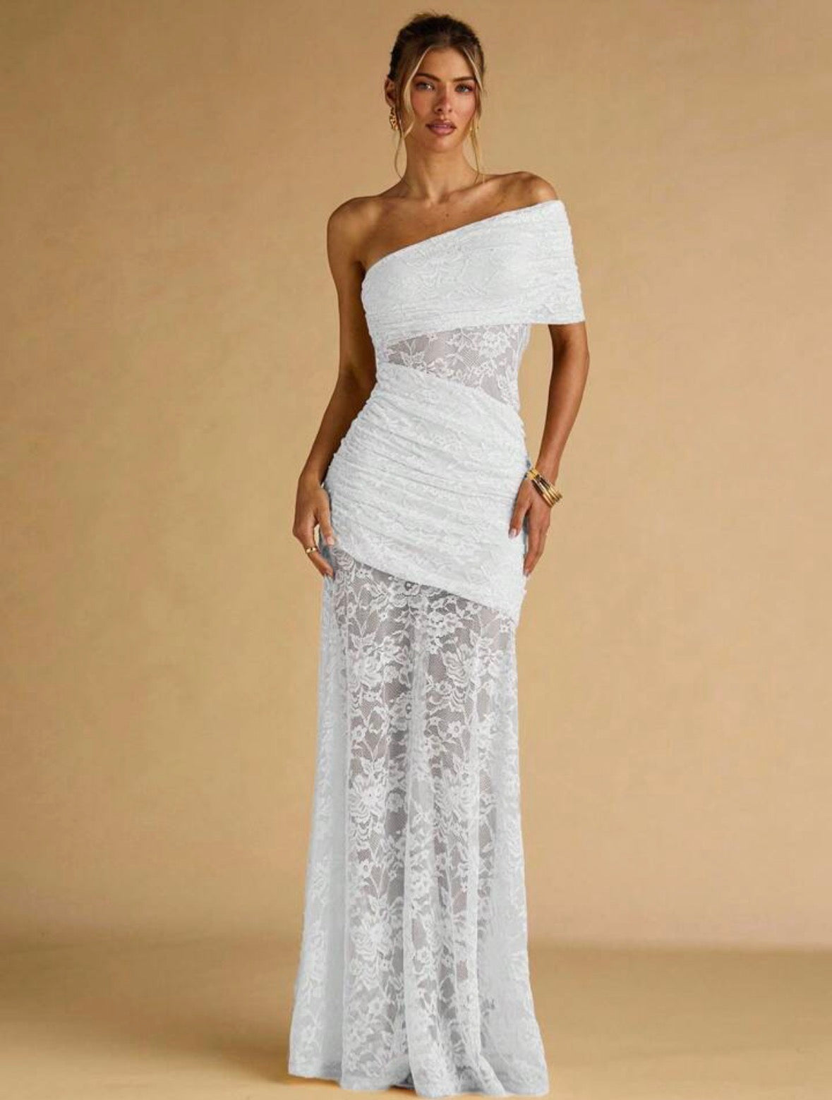WHITE LACE ONE SHOULDER ASYMMETRICAL MAXI DRESS 52 MEDIUM