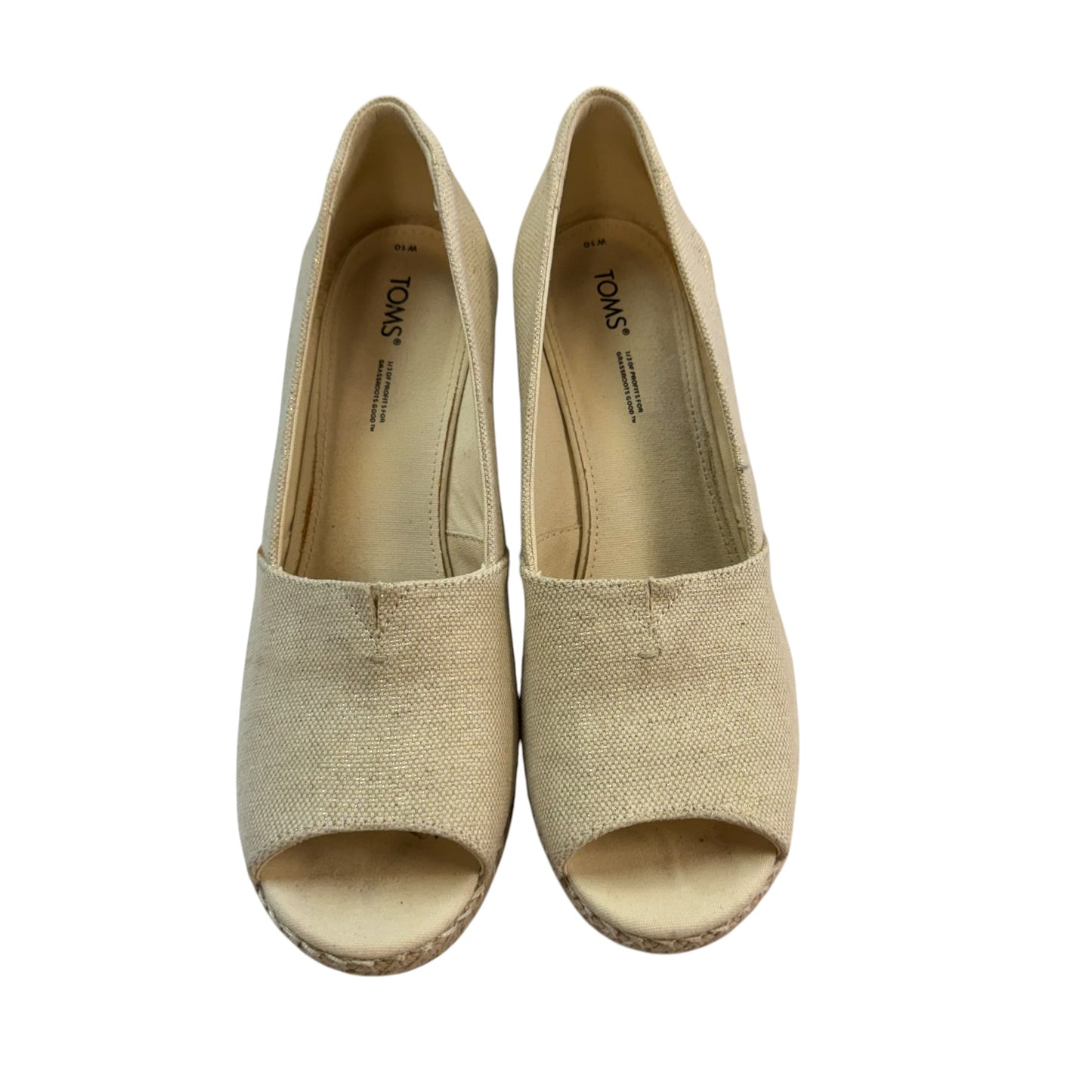TOMS WEDGES PEEP TOE BEIGE GOLD ESPADRILLES SZ 10