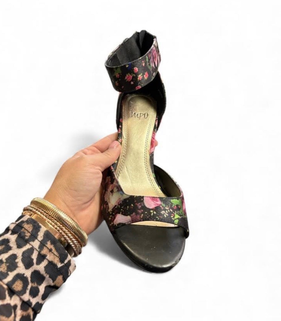 IMPO TANYA STILETTO HEEL BLACK FLORAL OPEN TOE ZIP CLOSURE 15 SZ 8