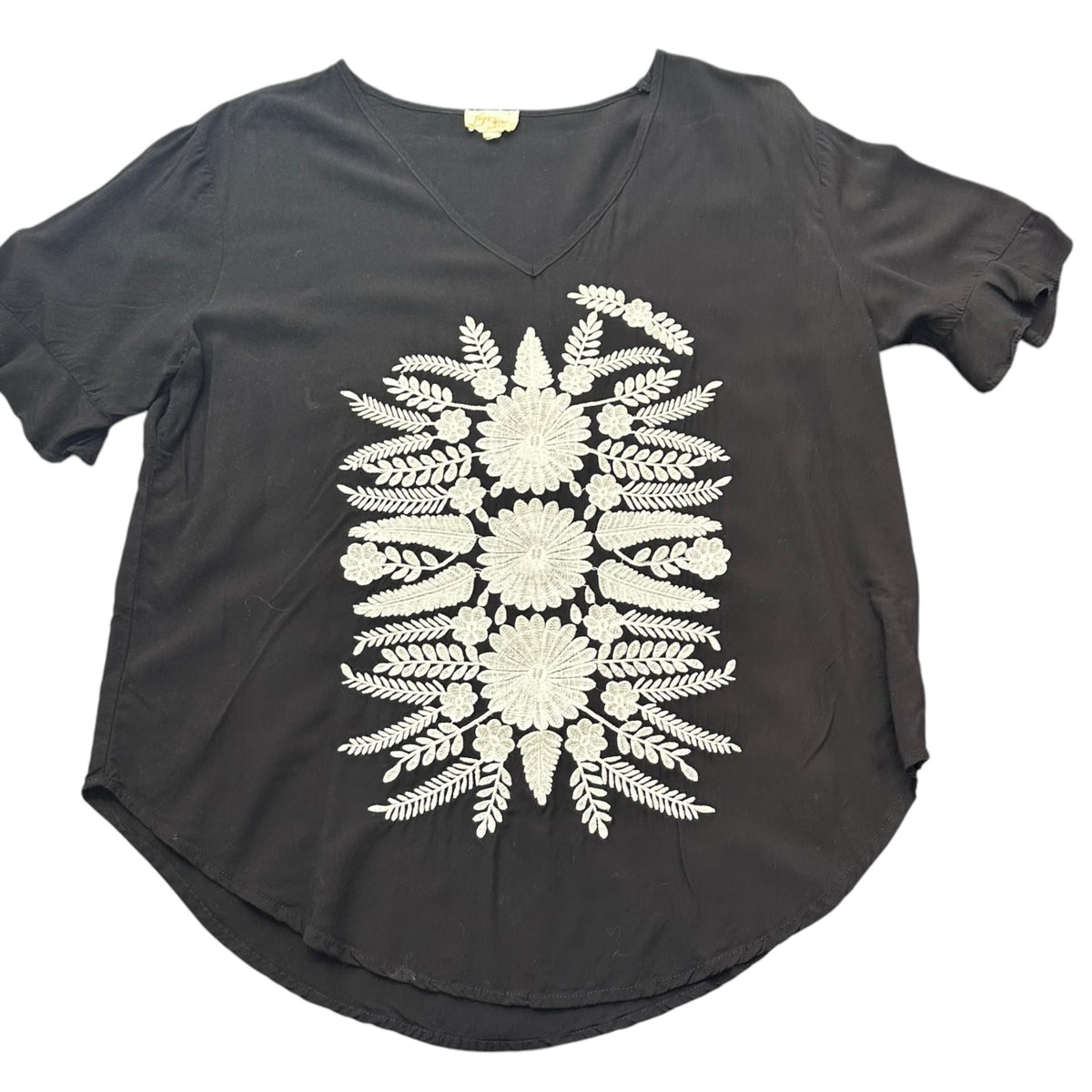 LAYERZ CLOTHING BLACK BLOUSE WHITE EMBROIDERED 100 MEDIUM