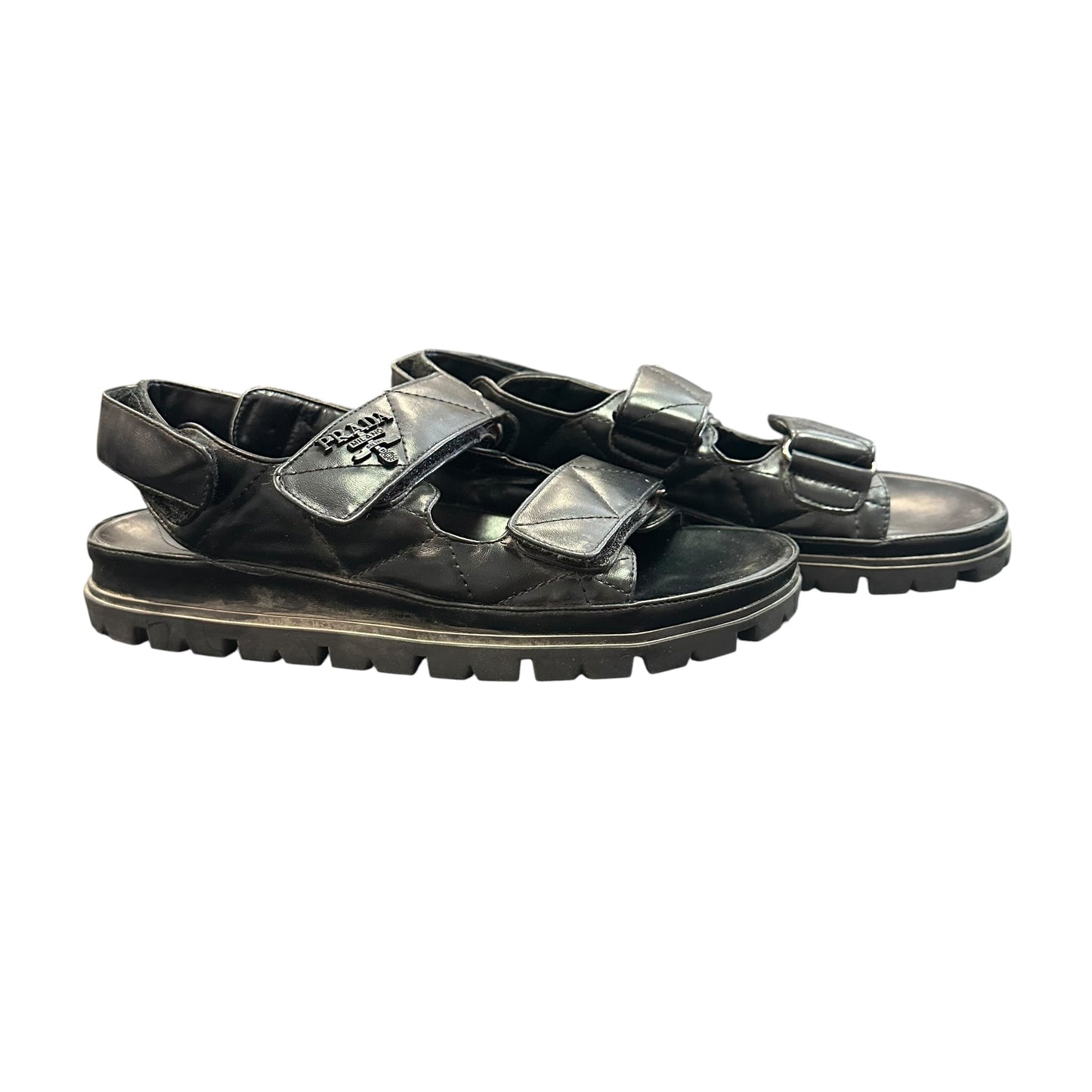 BLACK INSPIRED QUILTED SANDALS W LOGO 122 SZ 6.5