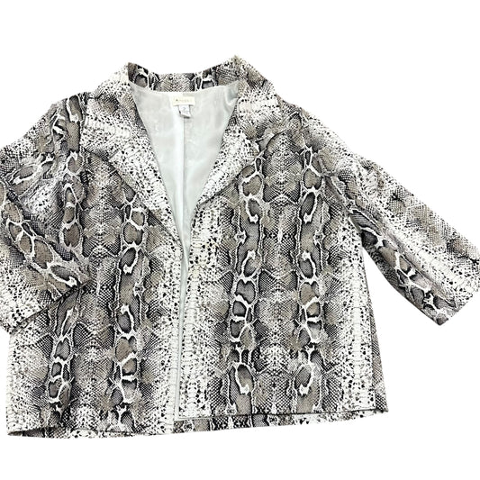 CHICO'S OPEN FRONT JACKET BLAZER GRAY WHITE SNAKE PRINT 3/4 SLEEVE 100 LARGE