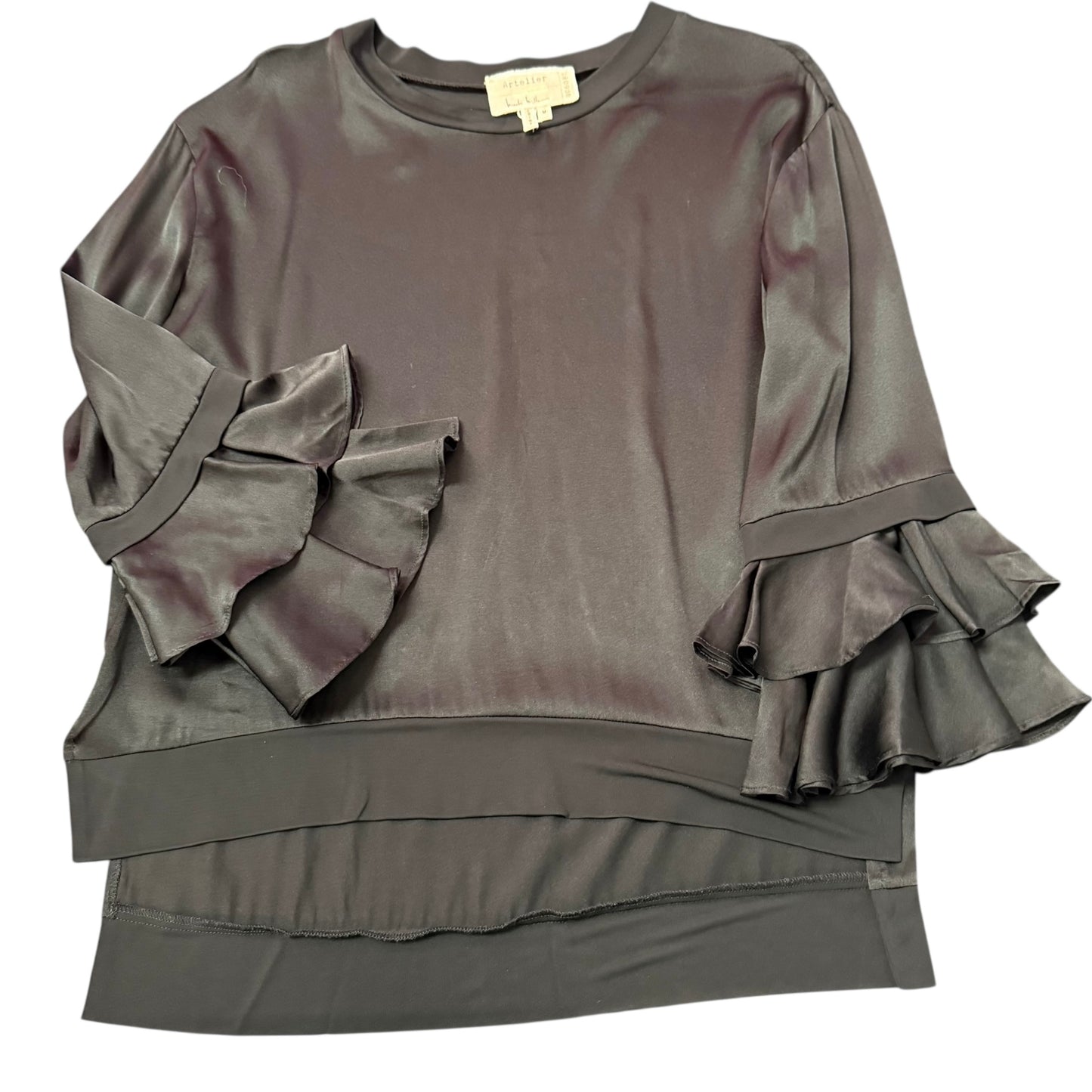 NICOLE MILLER ARTELIER BLACK SILK BLOUSE W RUFFLES 249 MEDIUM
