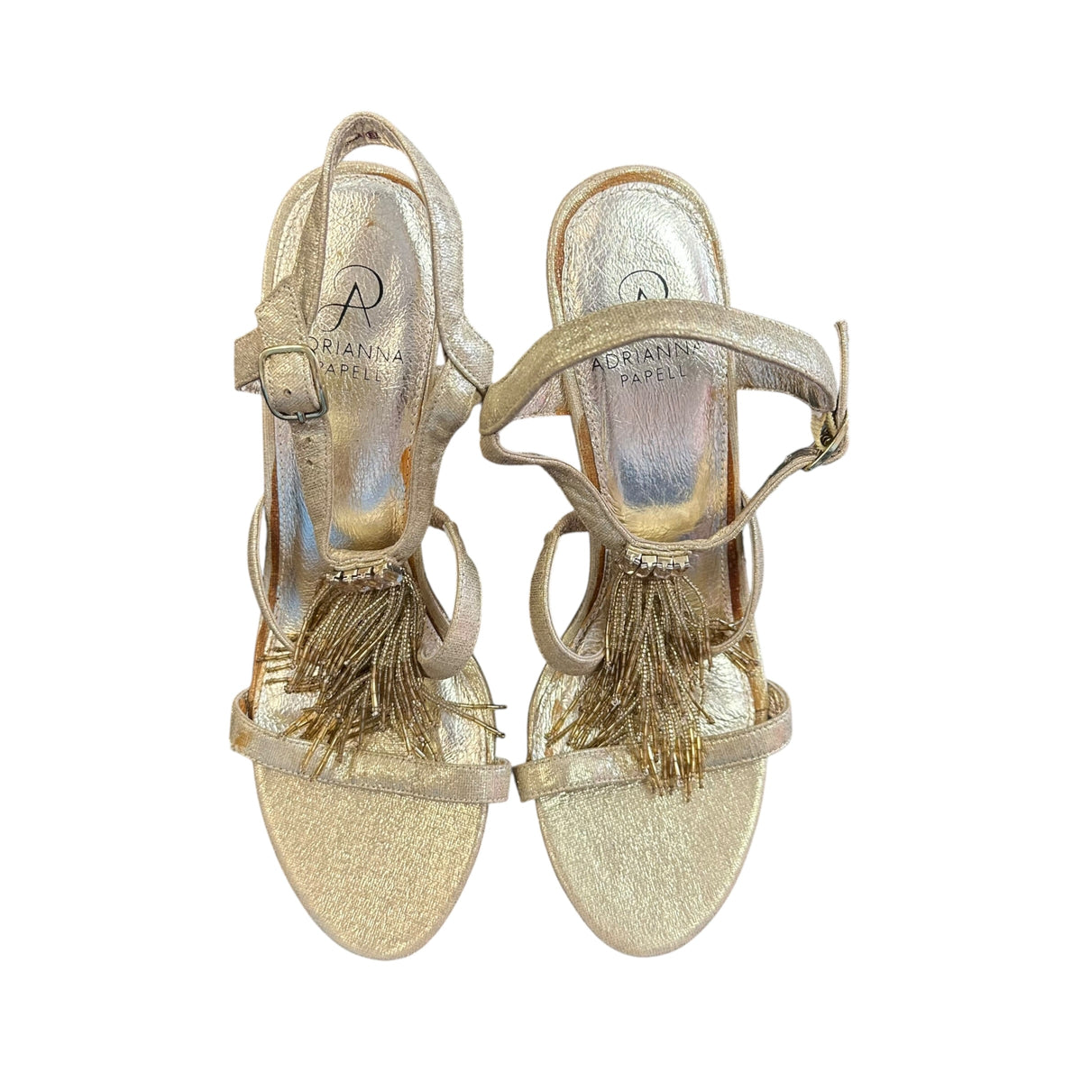 ADRIANNA PAPPEL GOLD TASSEL BEADED WEDGES 200 SZ 9