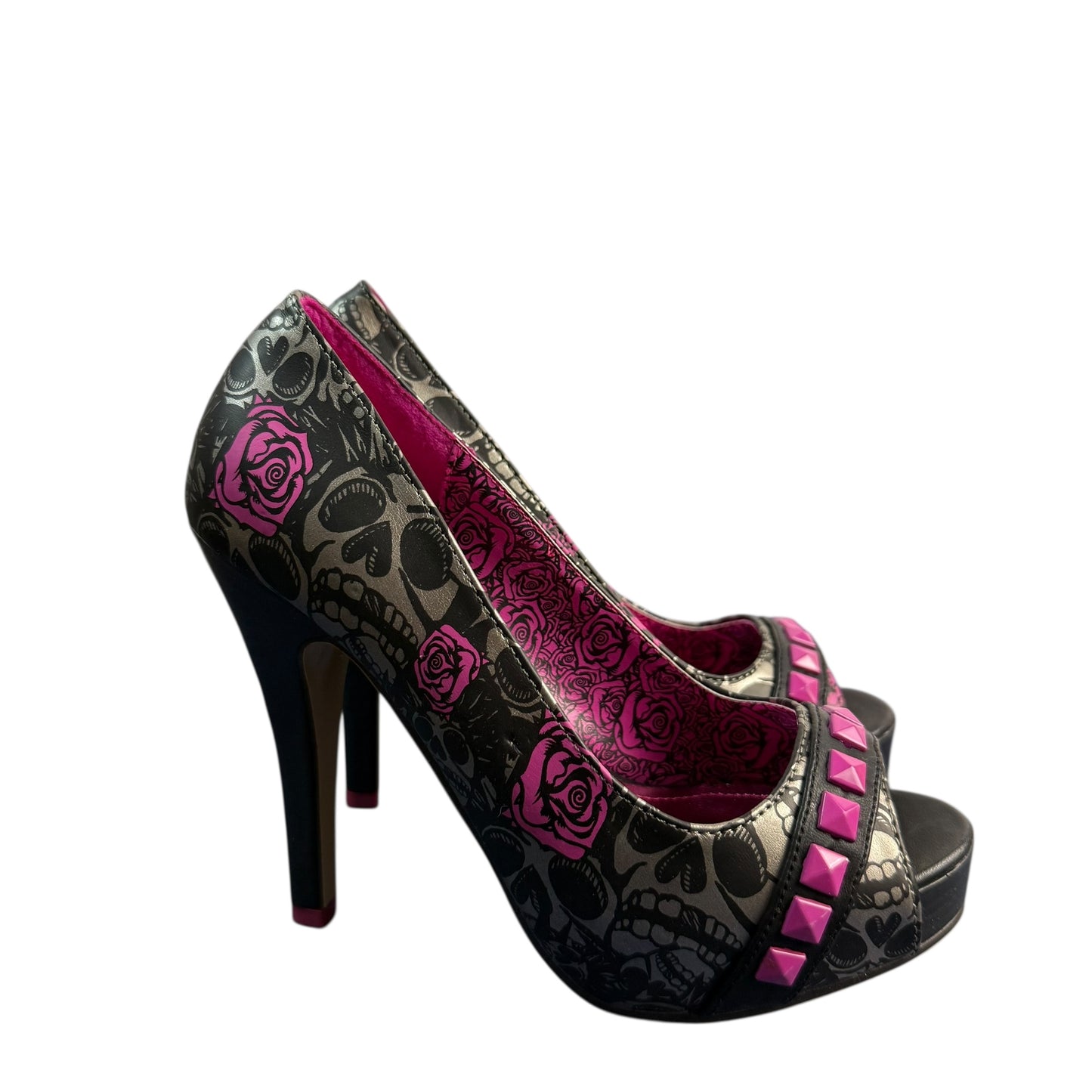 IRON FIST PUNK ROCK SILVER BLACK SKULL PLATFORM PEEP TOE HEELS NEW Sz 5
