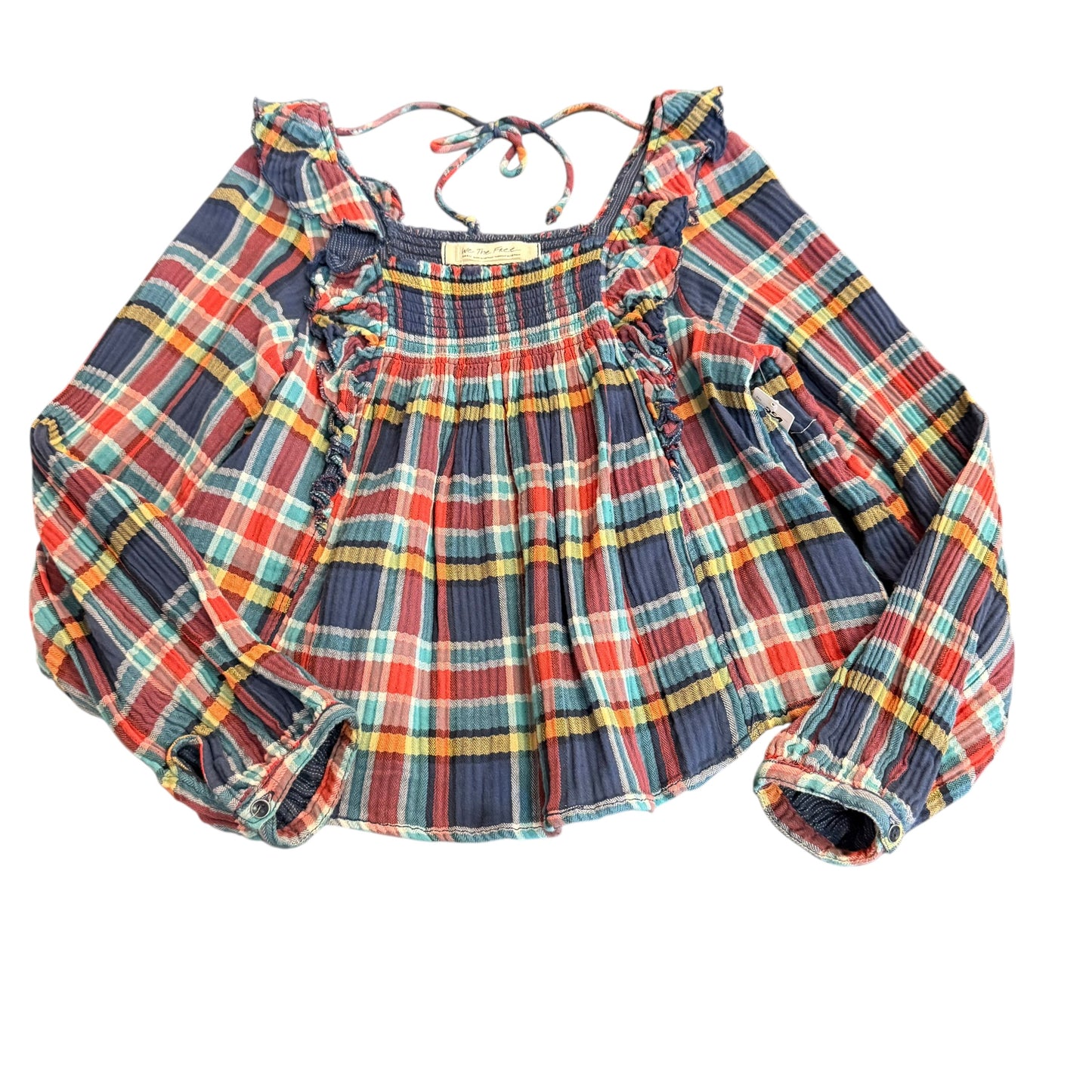 WE THE FREE FREE PEOPLE NAVY PLAID SMOCKED BLOUSE 259 SMALL