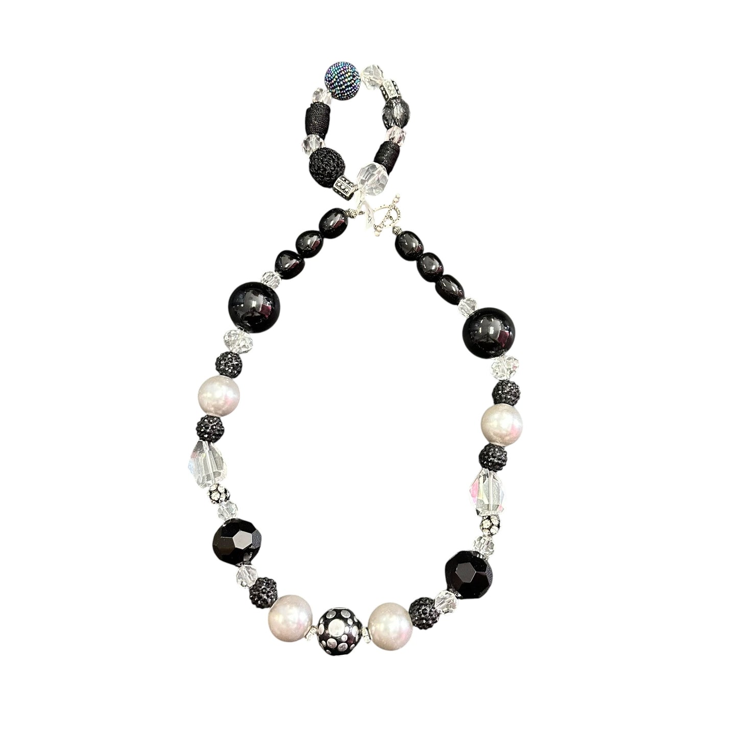 BLACK SILVER BUBBLEGUM BEADED NECKLACE CRYSTAL ACCENT W BRACELET 15 OS