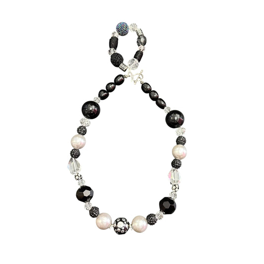BLACK SILVER BUBBLEGUM BEADED NECKLACE CRYSTAL ACCENT W BRACELET 15 OS