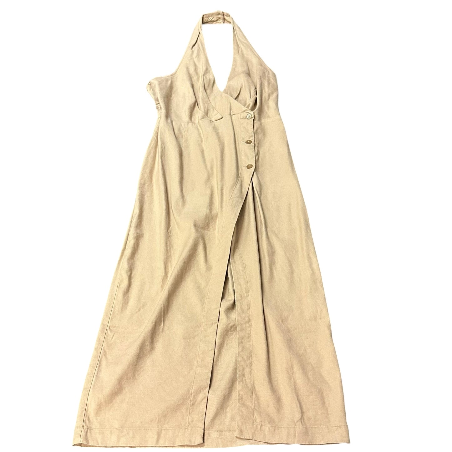 BY ANTHROPOLOGIE LINEN HALTER COLUMN MIDI DRESS TAN NWT 264 MED PETITE