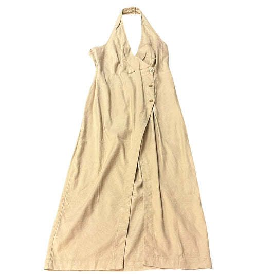 BY ANTHROPOLOGIE LINEN HALTER COLUMN MIDI DRESS TAN NWT 264 MED PETITE