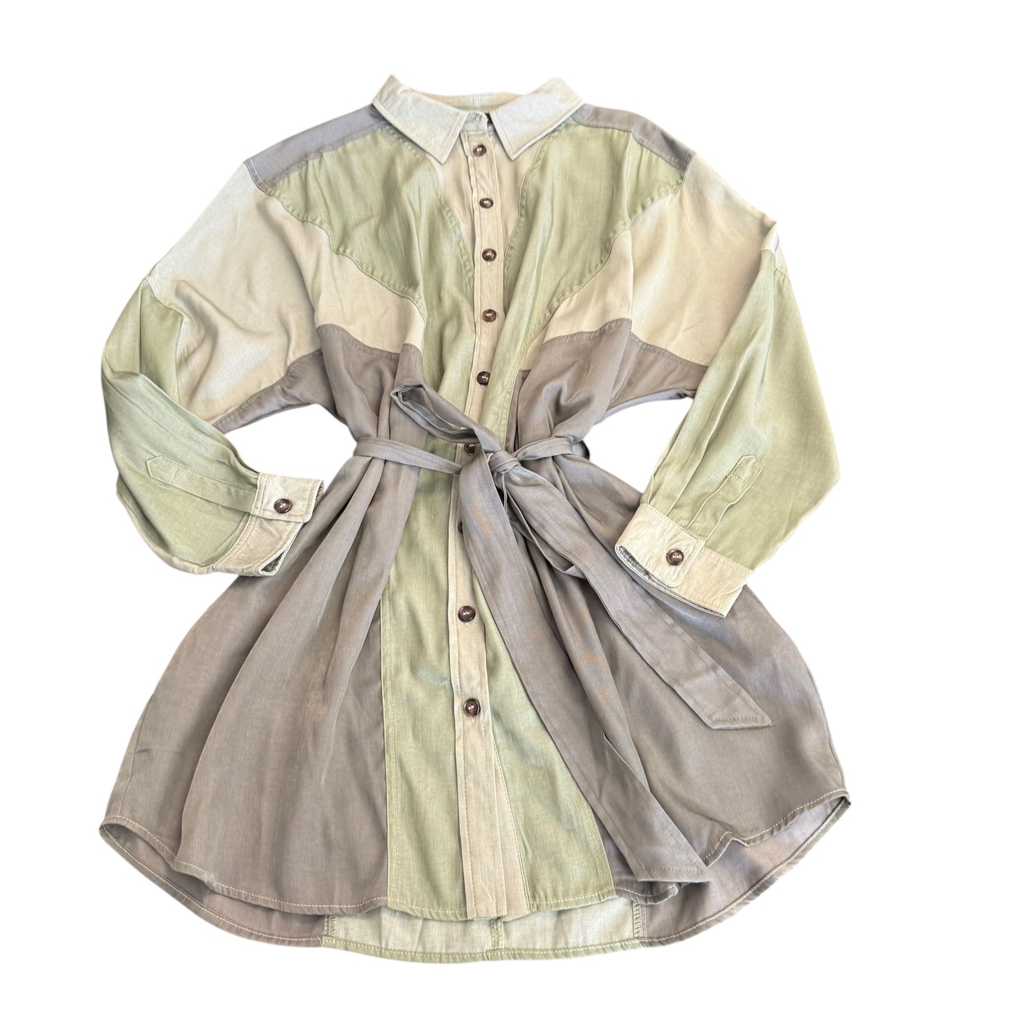 ANNIEWEAR GREEN COLORBLOCK CHAMBRAY DRESS 100 LARGE