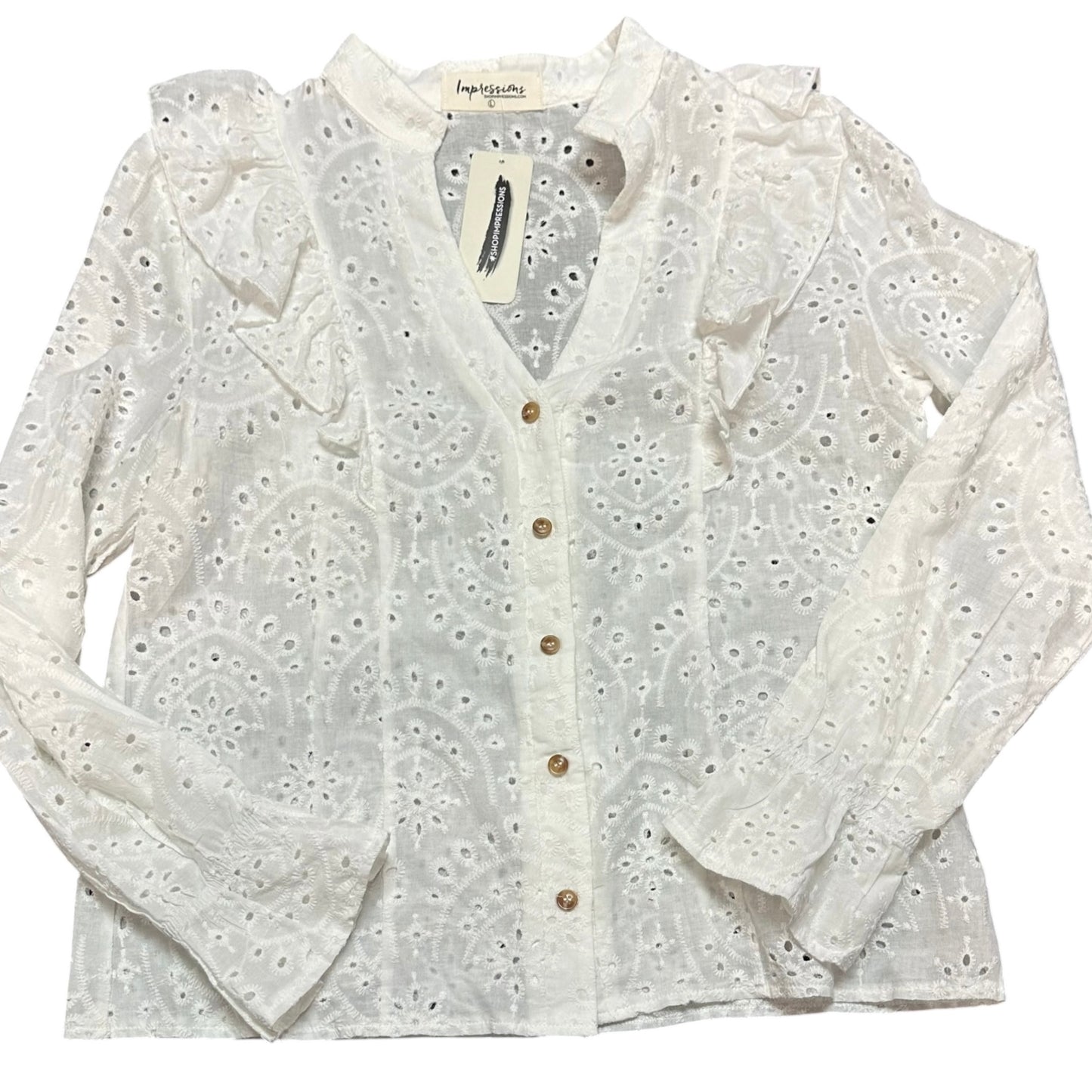 IMPRESSIONS WHITE BUTTON UP BLOUSE RUFFLE NWT 100 LARGE