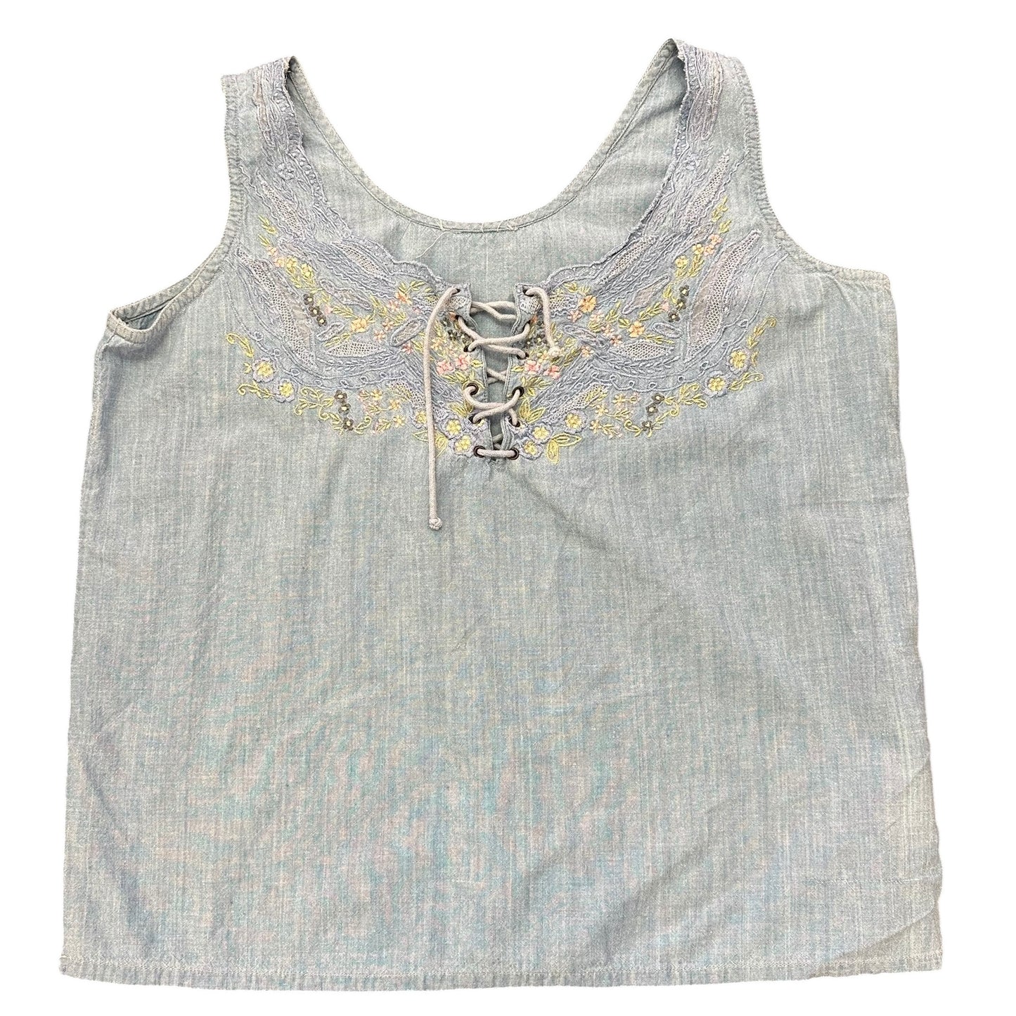 BLUE CHAMBRAY SLEEVELESS BLOUSE EMBROIDERED 100 MEDIUM