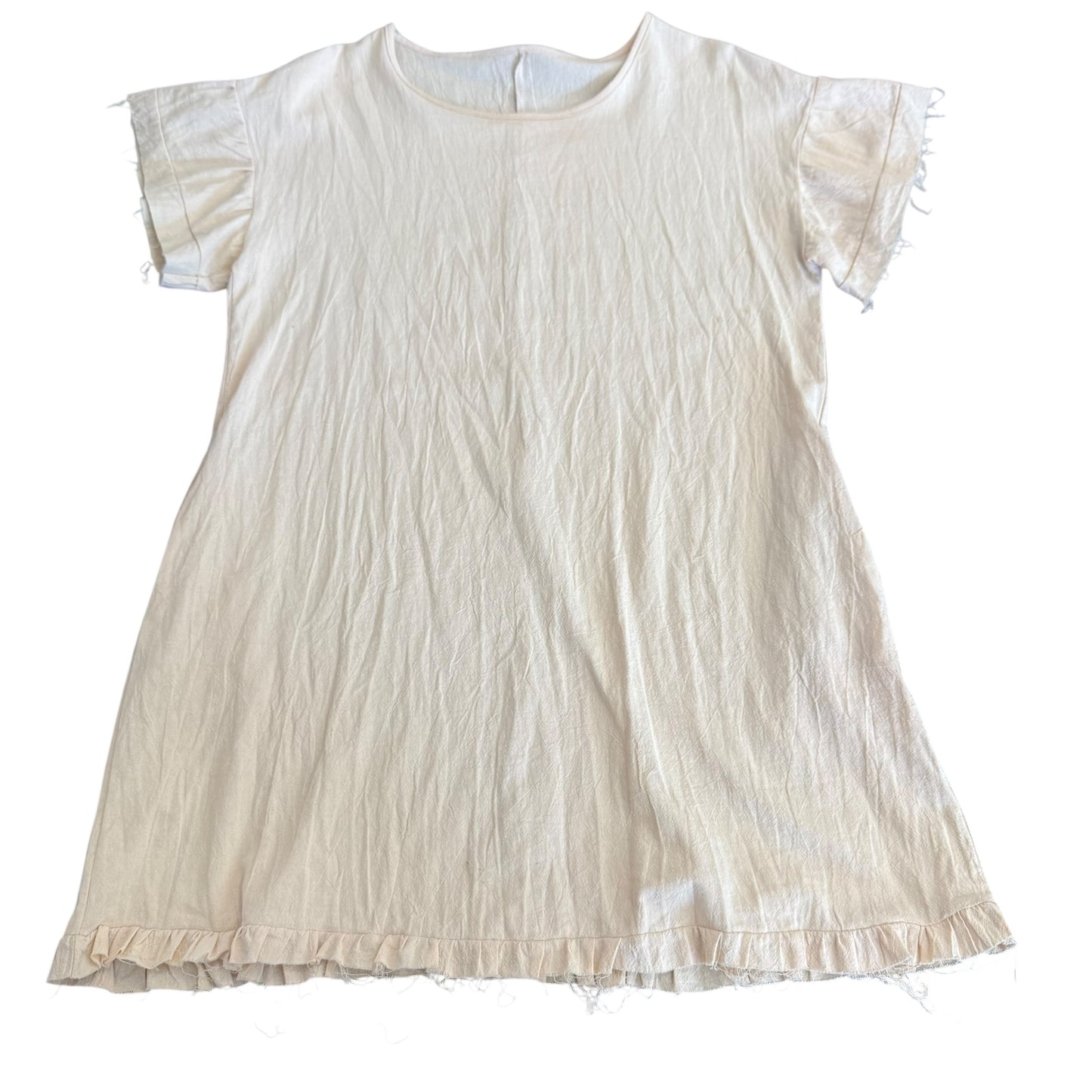 BEIGE SHIFT DRESS POCKETS FRAYED HEM 100 SMALL