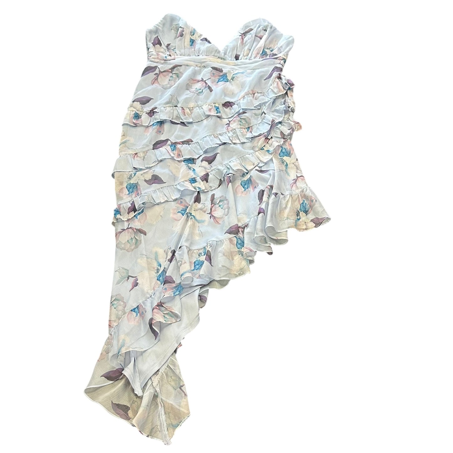 LULUS BLUE FLORAL RUFFLE DRESS 100 LARGE