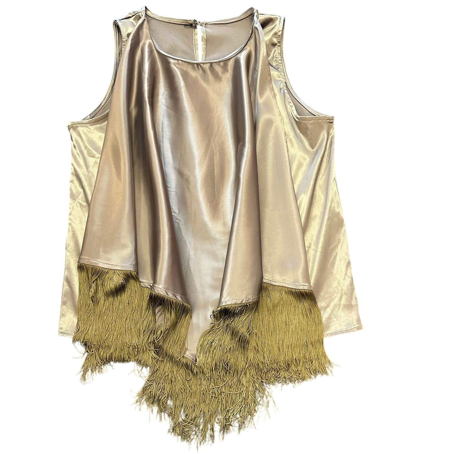 OLIVE GREEN SATIN SLEEVELESS BLOUSE TASSELS 100