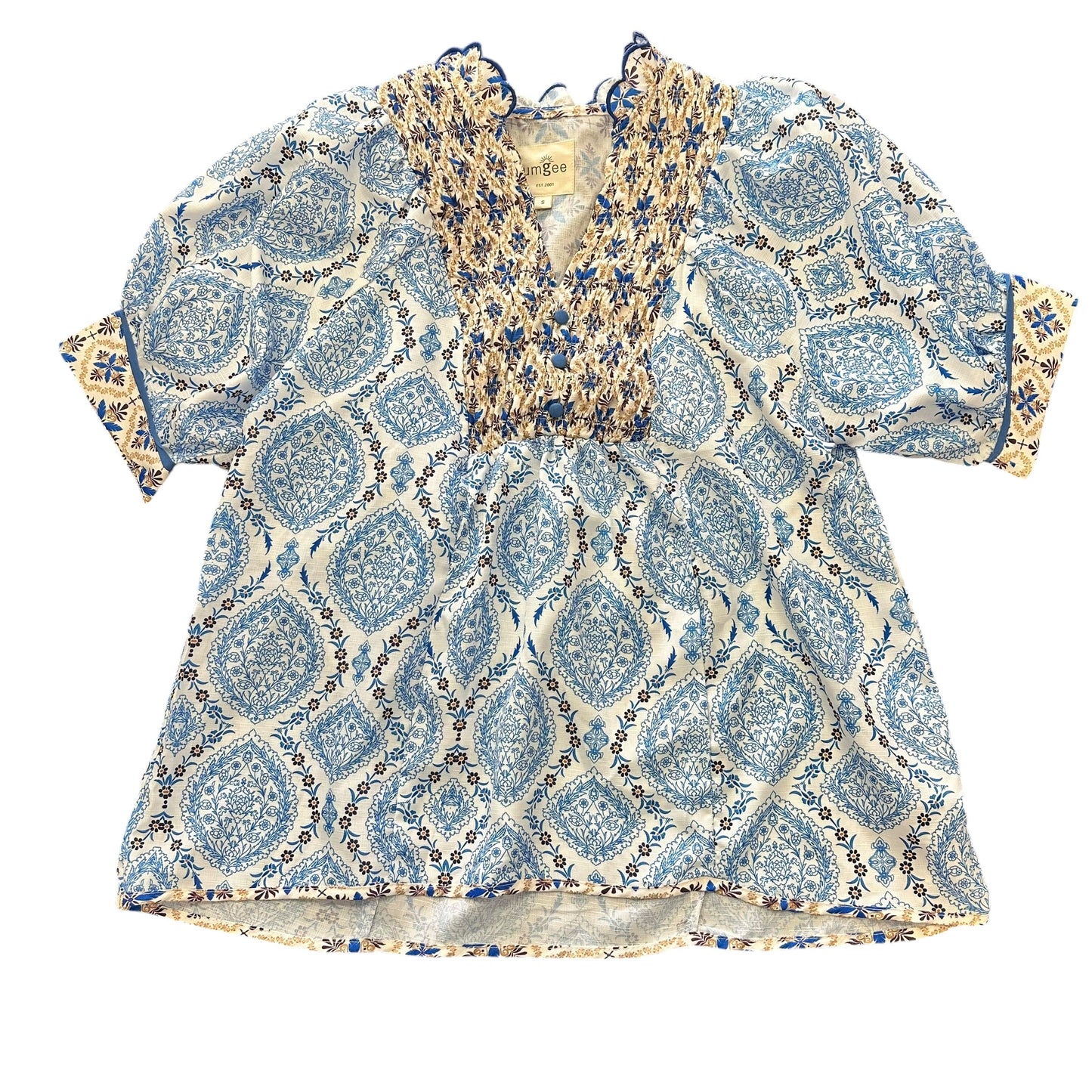 UMGEE BLUE PATTERNED SMOCKED NECKLINE BLOUSE 15 SMALL