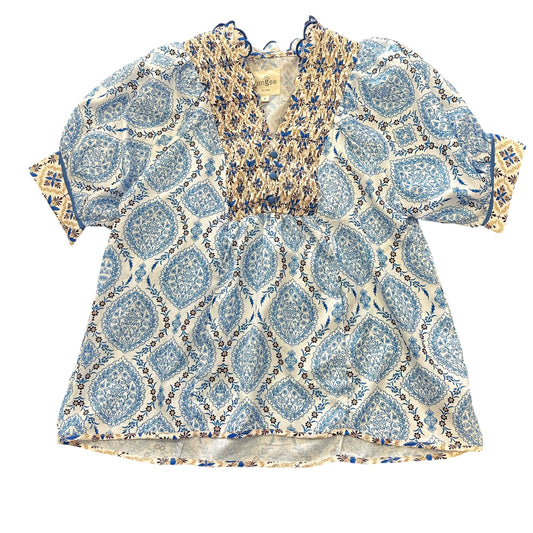 UMGEE BLUE PATTERNED SMOCKED NECKLINE BLOUSE 15 SMALL