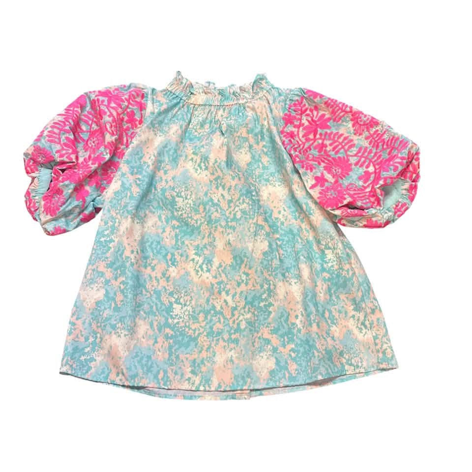 THML BLUE BEIGE PUFF SLEEVE BLOUSE PINK EMBROIDERY 255 SMALL