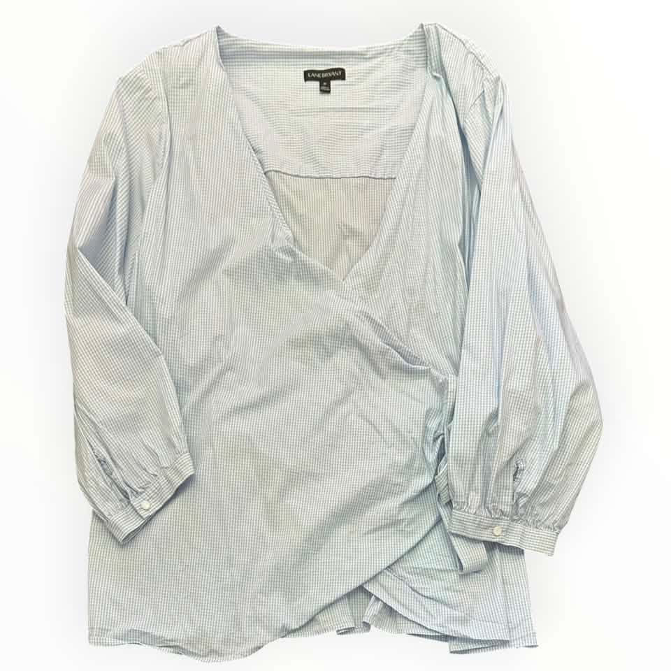 LANE BRYANT GINGHAM BLUE WHITE WRAP BLOUSE 292  SZ 26
