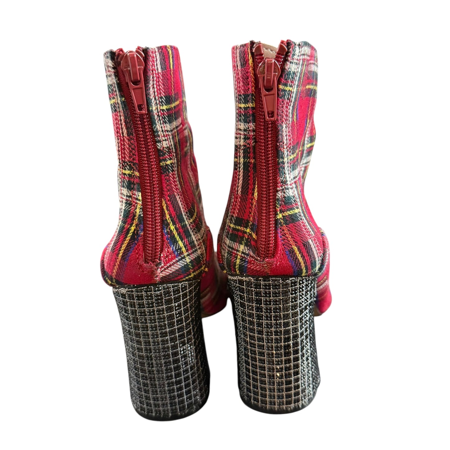 RED PLAID ANKLE BOOTIES EMBELLISHED SQUARE HEEL 248 SZ 7