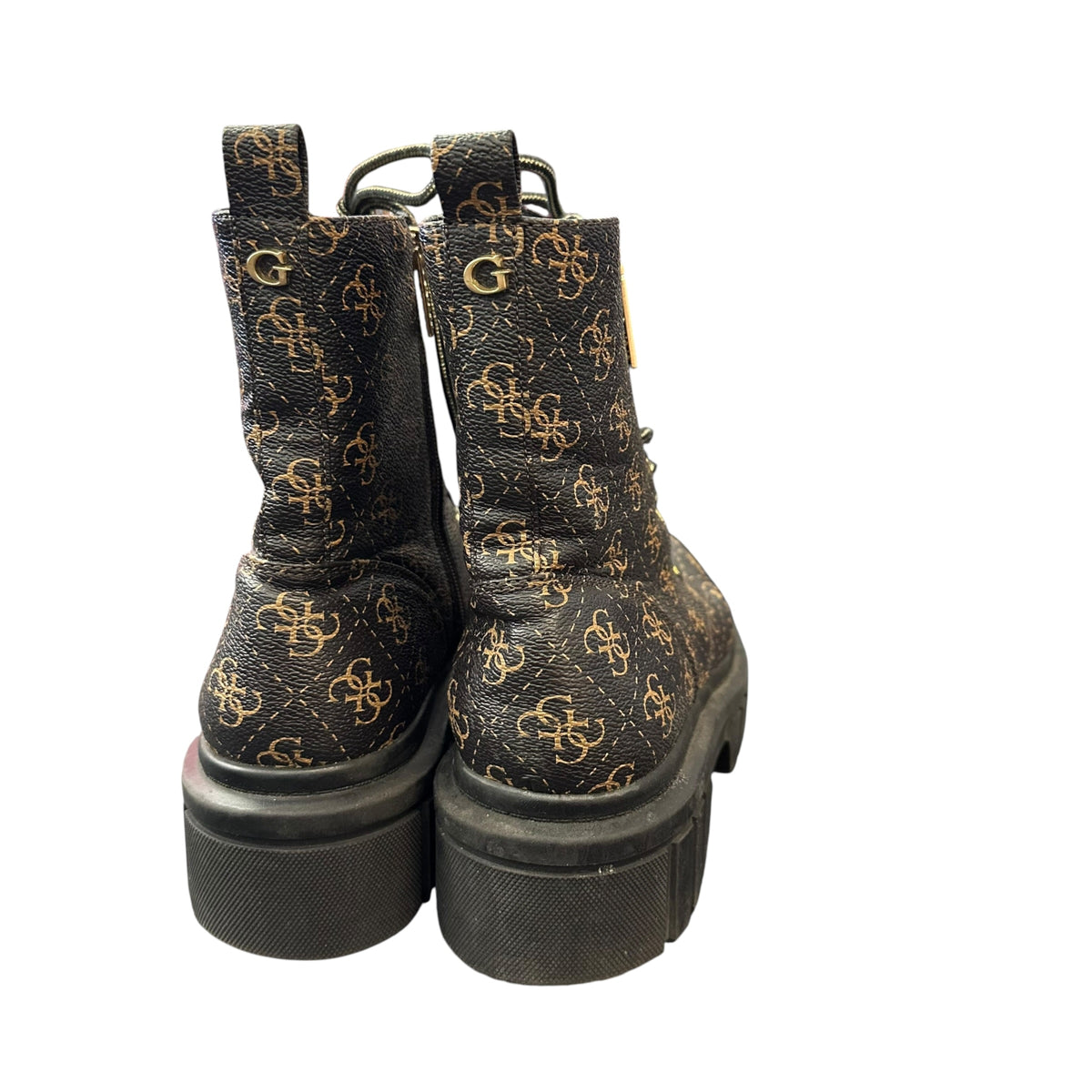 GUESS FERINA COMBAT BOOTS LOGO MONOGRAM BROWN CHUNKY LUG SOLE 293 SZ 11