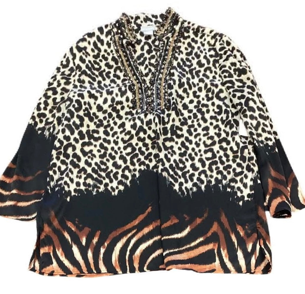 CHICOS ANIMAL PRINT TUNIC BLOUSE 228 Sz 8/10