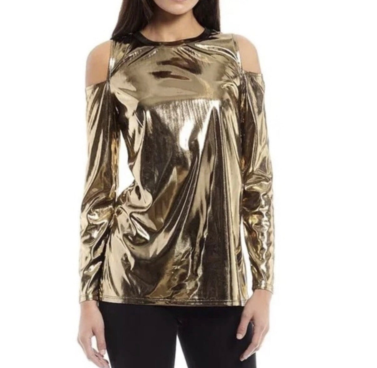 MICHAEL KORS GOLD METALLIC LONG SLEEVE TOP 100 NWT $78 SMALL