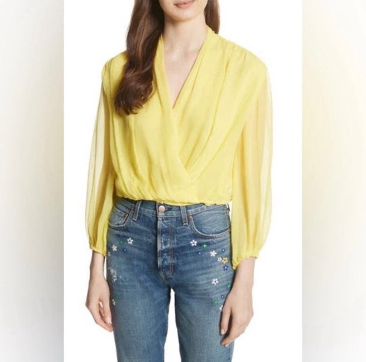 ALICE OLIVIA WOMENS TRISTA CROSS FRONT LONG SLEEVE BLOUSE 100% SILK YELLOW MED