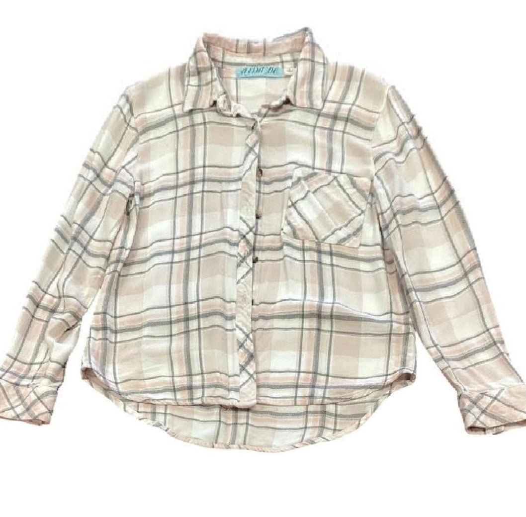 DINA BE LIGHT PINK GRAY PLAID BUTTON UP 238 SMALL