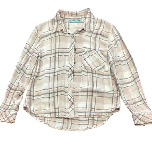 DINA BE LIGHT PINK GRAY PLAID BUTTON UP 238 SMALL
