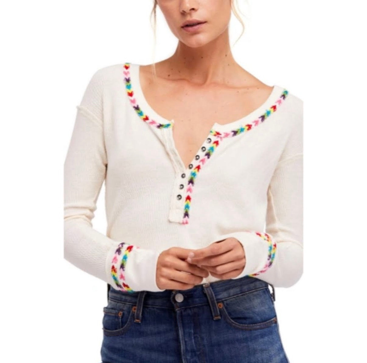 FREE PEOPLE WE THE FREE THERMAL HENLEY MULTOCOLOR EMBROIDERED BEIGE 100 MEDIUM