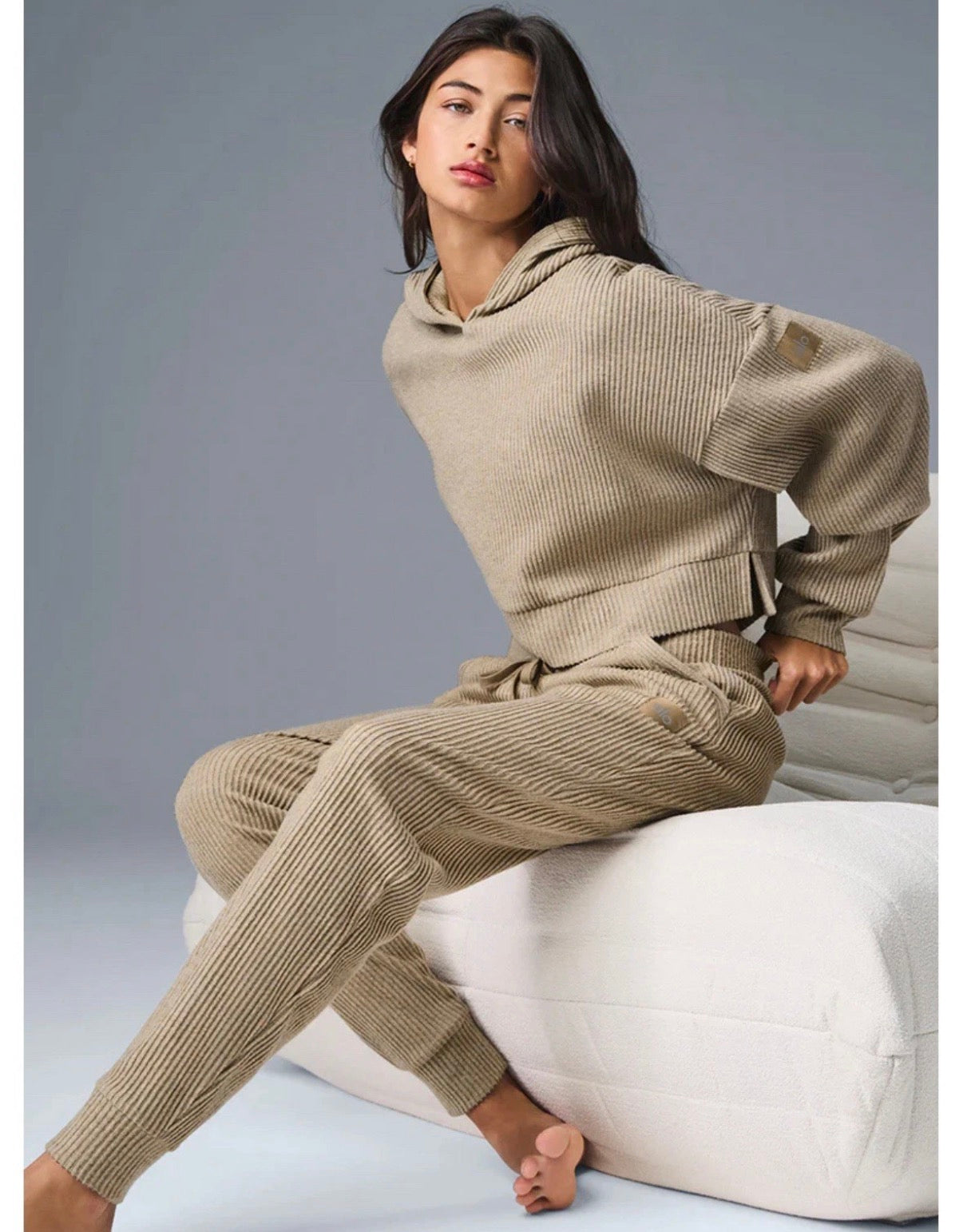 ALO YOGA WOMENS SWEATSHIRT MUSE HOODIE GRAVEL HEATHER TAN CROPPED NWT $108 MEDIUM