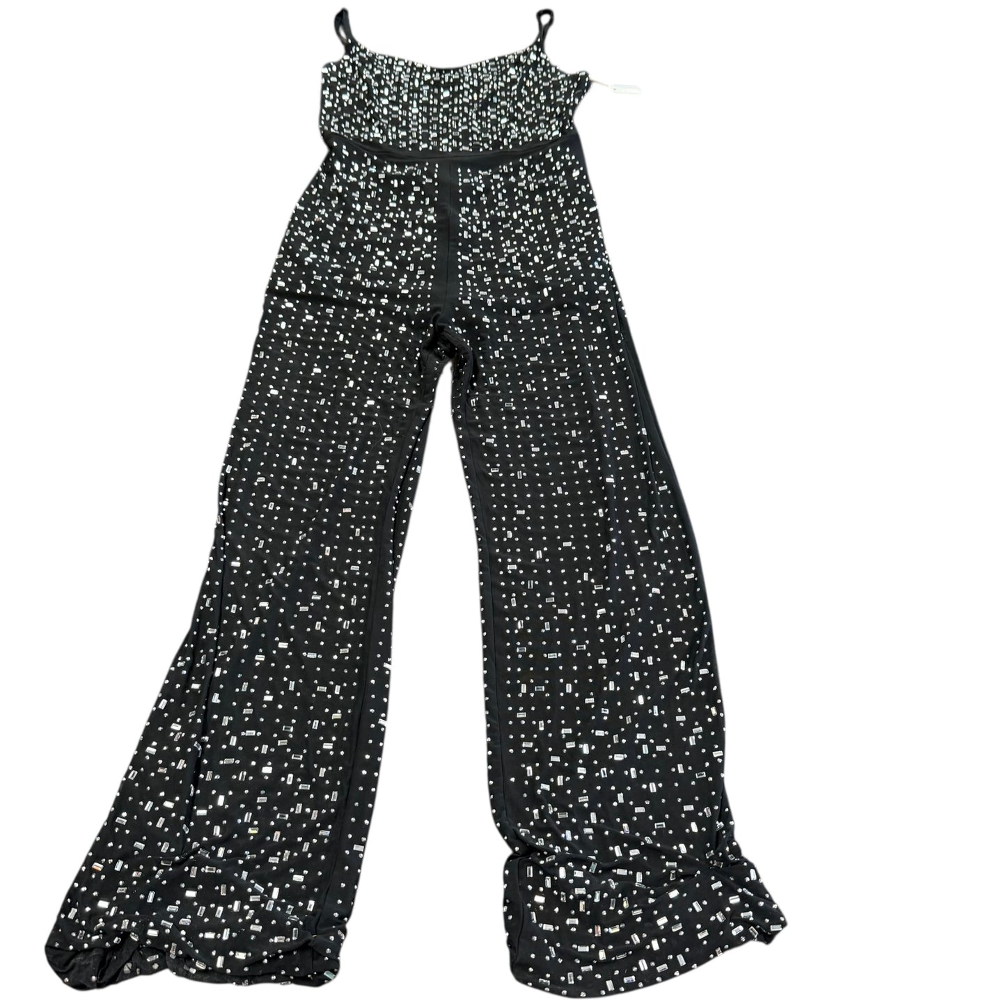 BLACK JUMPSUIT MESH RHINESTONE CORSET 223 LARGE *WEAR BOTTOM HEM