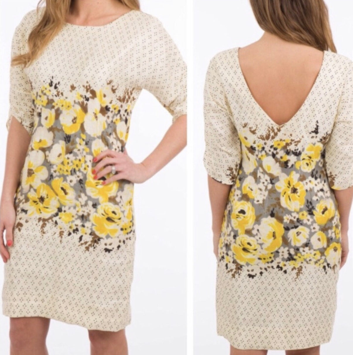 MEADOW RUE ANTHROPOLOGIE BEIGE FLORAL DRESS 100 SZ 8