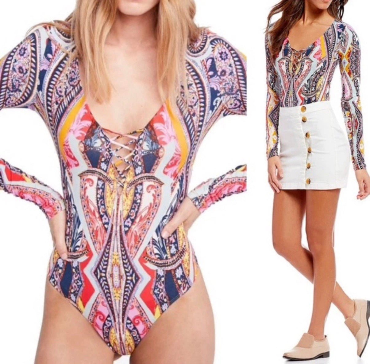 FREE PEOPLE WOMENS PICK A PLACE BODYSUIT MULTICOLOR LONG SLEEVE LARGE NWT $68