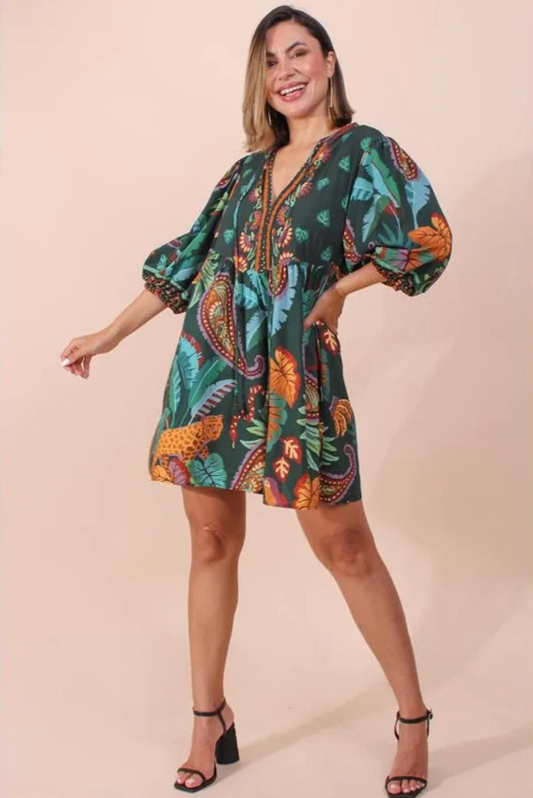 FARM RIO WOMENS DRESS SMALL GREEN TROPICAL PUFF SLEEVE SHORT COLORFUL RAINFOREST 217