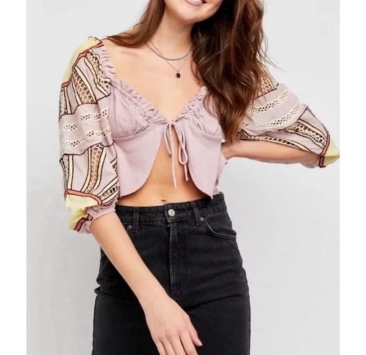 FREE PEOPLE PURPLE EMBROIDRED CROPPED BLOUSE 100 MEDIUM