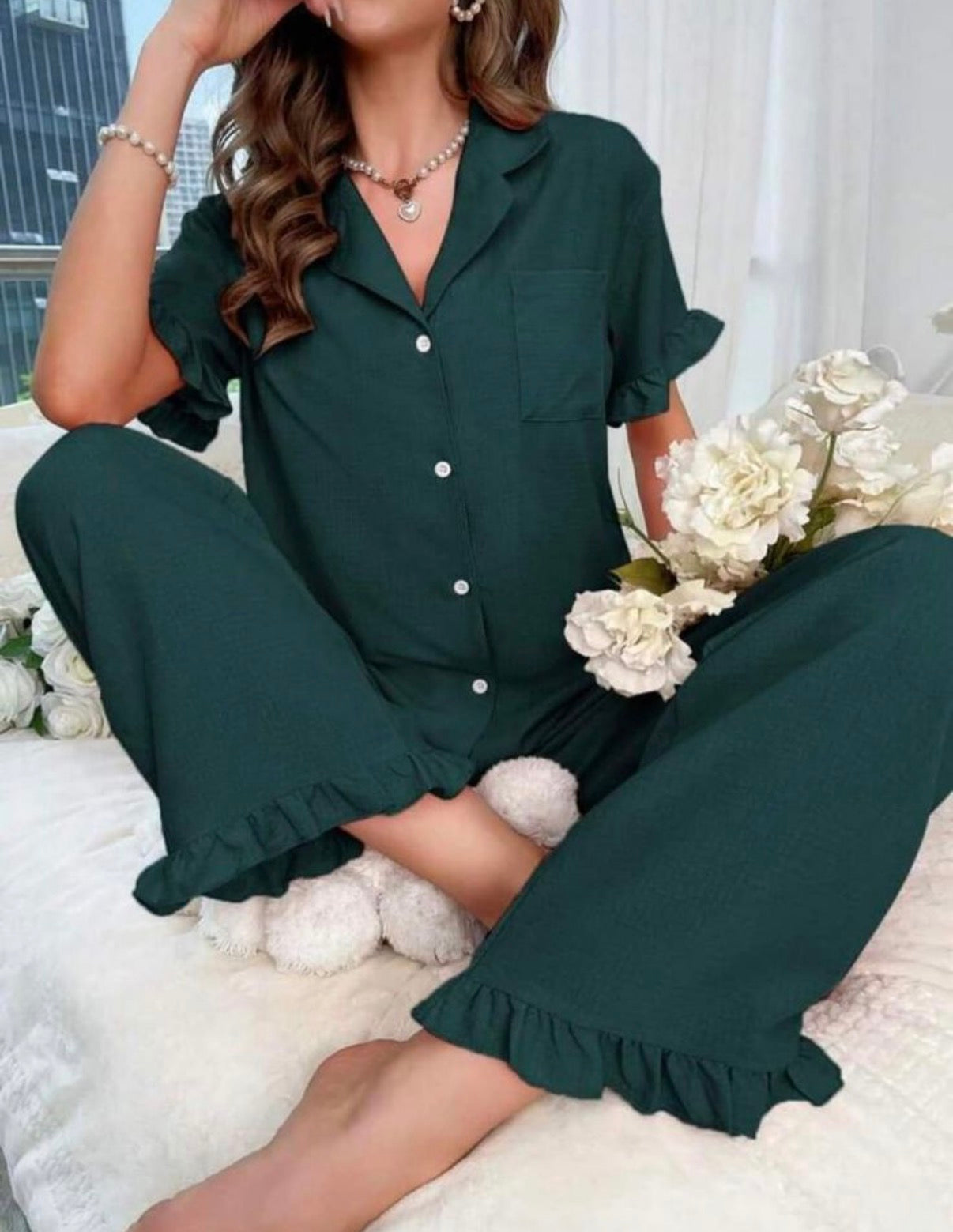 DARK GREEN 2 PIECE OUTFIT RUFFLES 223 SMALL