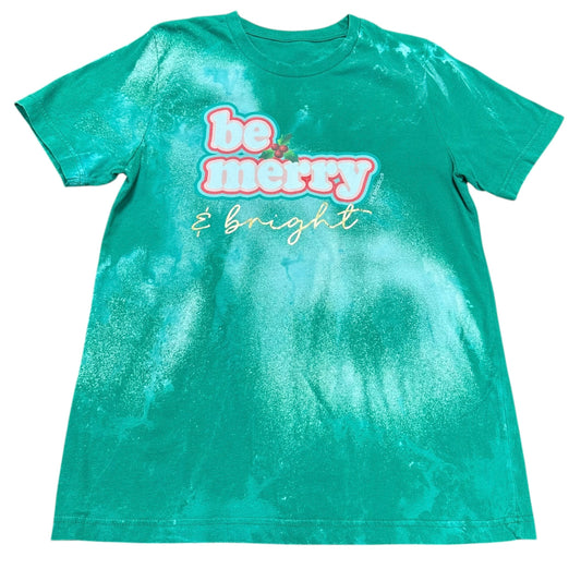 CHRISTMAS TSHIRT GREEN BLEACHED BE MERRY 100 MEDIUM