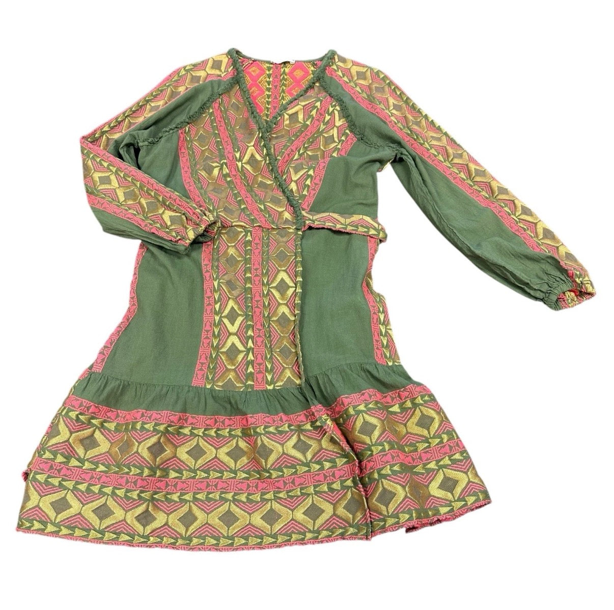 LACE WOMENS DRESS LARGE GREEN PINK GOLD WRAP EMBROIDERED BELT GREECE NWT $390
