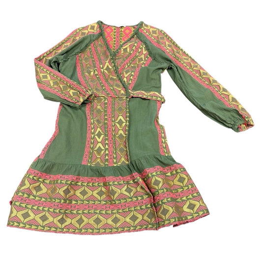 LACE WOMENS DRESS LARGE GREEN PINK GOLD WRAP EMBROIDERED BELT GREECE NWT $390