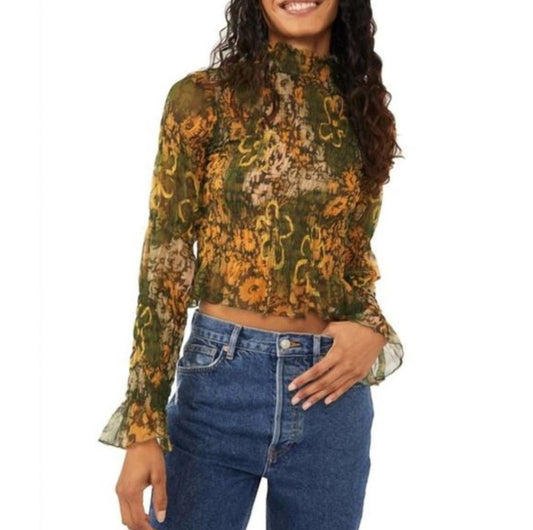 FREE PEOPLE HELLO THERE SMOCKED MESH FLORAL TOP NWT - SMALL - 122